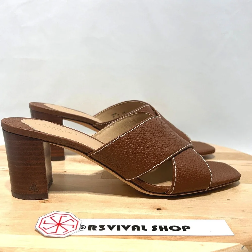 LAUREN Ralph Lauren Women's Brown Leather Slip On Strappy Freddi Sandal- Size 7B